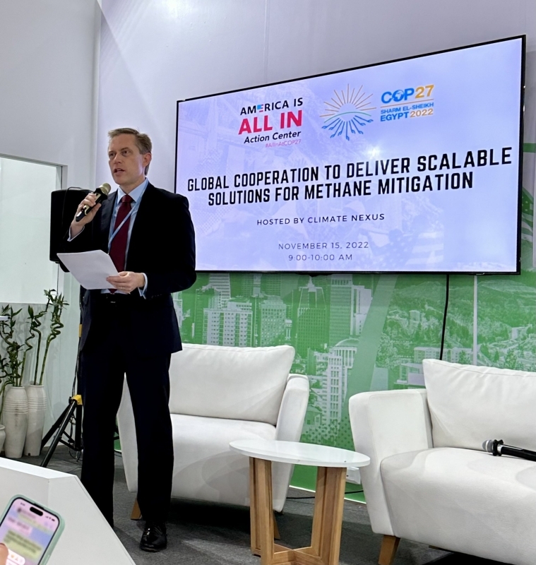 picture of CGS Director Nate Hultman at COP27 event "Global Cooperation to Deliver Scalable Solutions for Methane Mitigation"