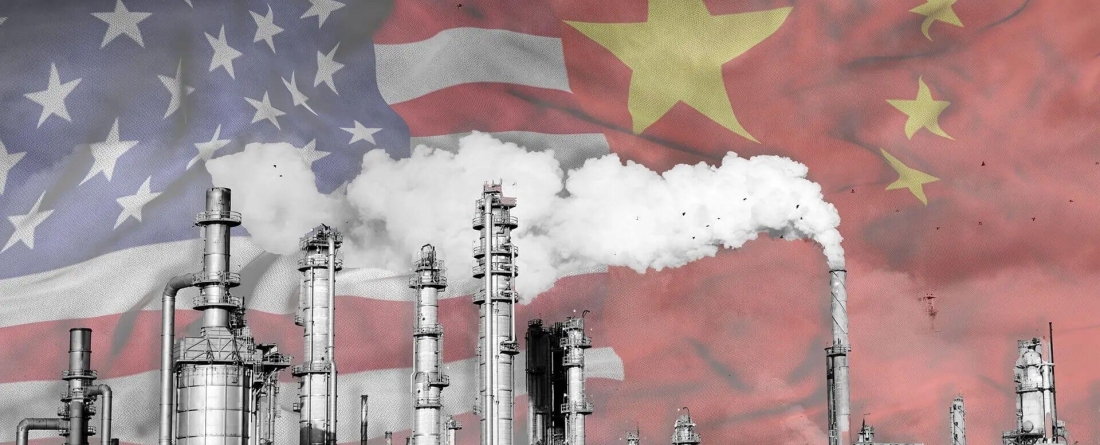 image of factory against American flag