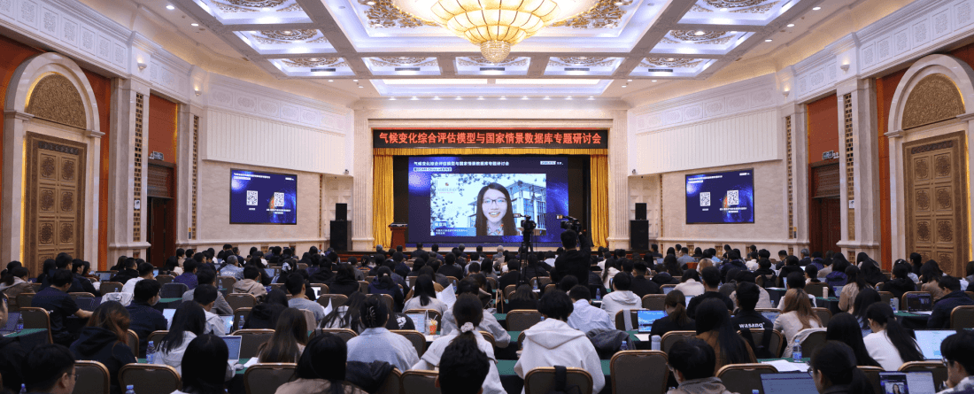 A projector screen at the front of a large room shows a woman speaking. Rows of people sit facing the screen.