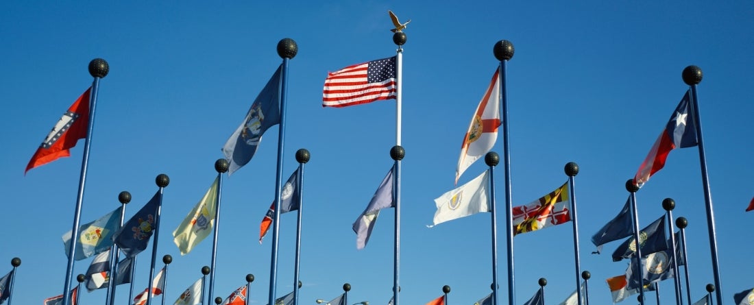 a circle of United States state flags, blue sky background